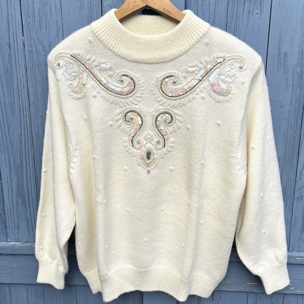 Vtg Alfred Dunner PL Christmas Sequin Beaded Sweater Metallic Holiday Cream